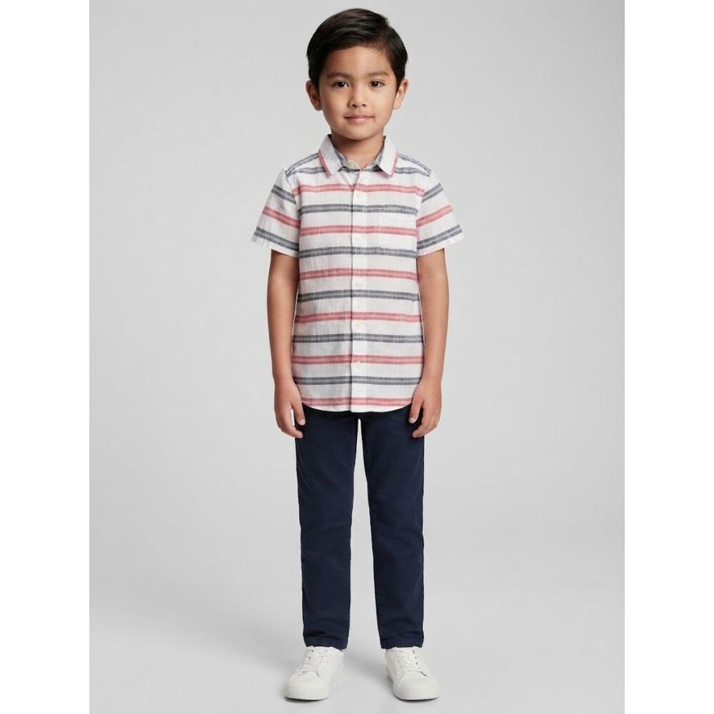 5T Children’s Place Boys Red White Navy Striped Short Sleeve Button Up Shirt
